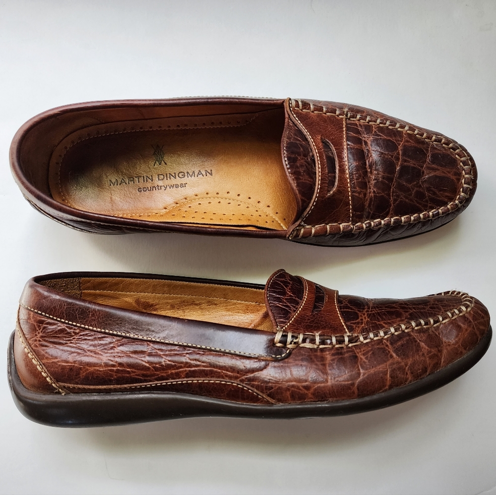 Martin Dingman Alligator Grain Leather Brown Loafer Slip On Driving Shoe